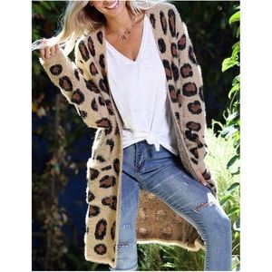Khaki Fuzzy Leopard Print Open Front Pocket Cardigan